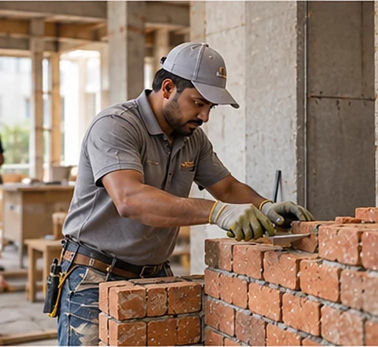 Mason beside fresh brickwork