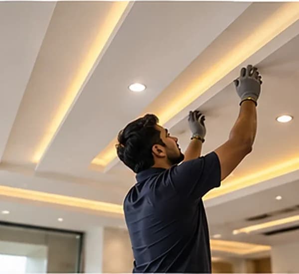 Installer finishing a layered POP false ceiling with warm cove lighting