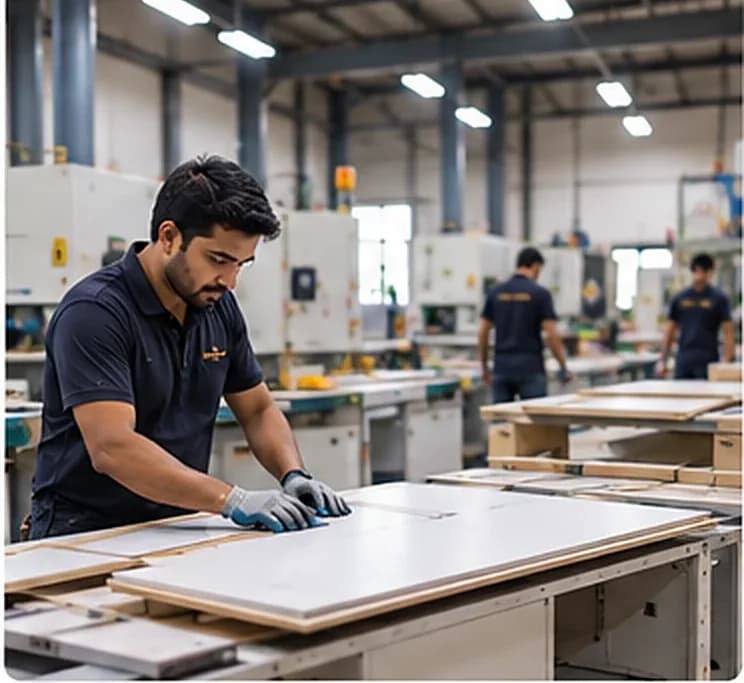 Technician inspecting a sage-green cabinet shutter in a modular furniture factory