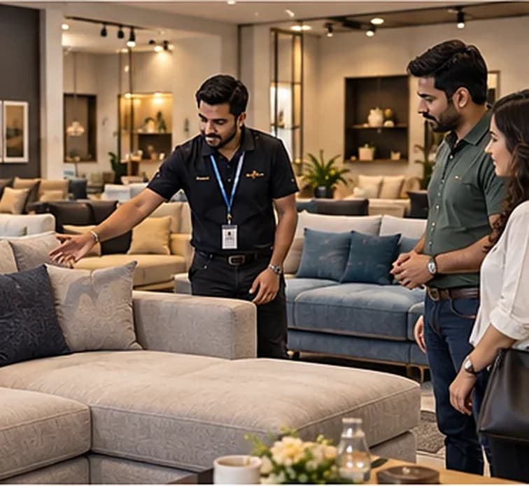 Sofa maker welcoming you to a showroom of fabric and leather sofas